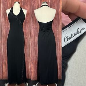 VTG 2000s Charlotte Russe Black Maxi Dress Rhinestone Halter Neck Size Small 90s